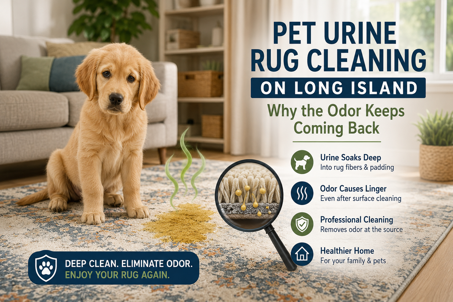 Golden Retriever puppy sitting on an area rug in a Long Island home with an infographic explaining why pet urine odors return and how professional rug cleaning removes odors from deep within the rug fibers and padding.