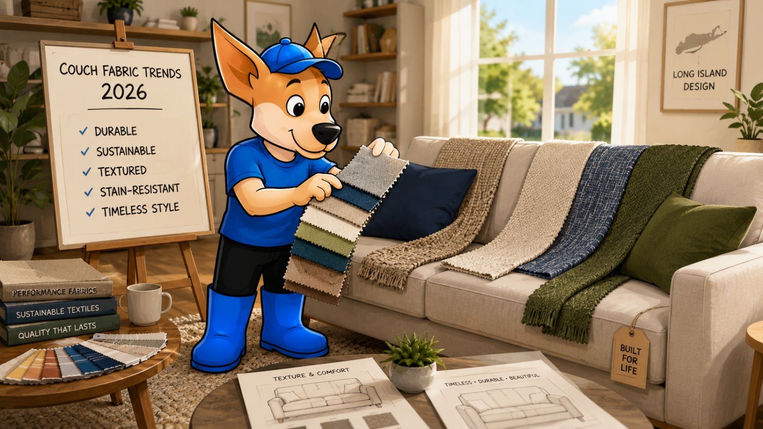 Cartoon mascot comparing modern couch fabric samples in a stylish Long Island living room, showcasing durable 2026 sofa fabric trends including textured, stain-resistant, and performance fabrics.