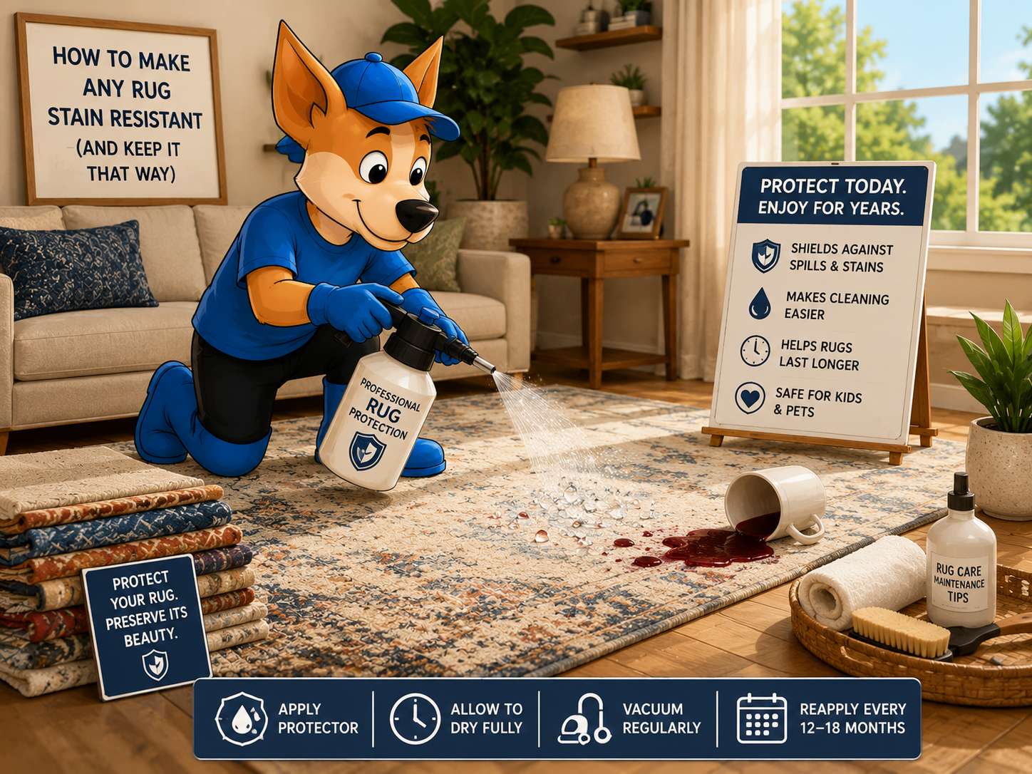 Cartoon cleaning mascot applying professional stain protection to an area rug in a modern Long Island home, demonstrating how to make rugs stain resistant and easier to clean.
