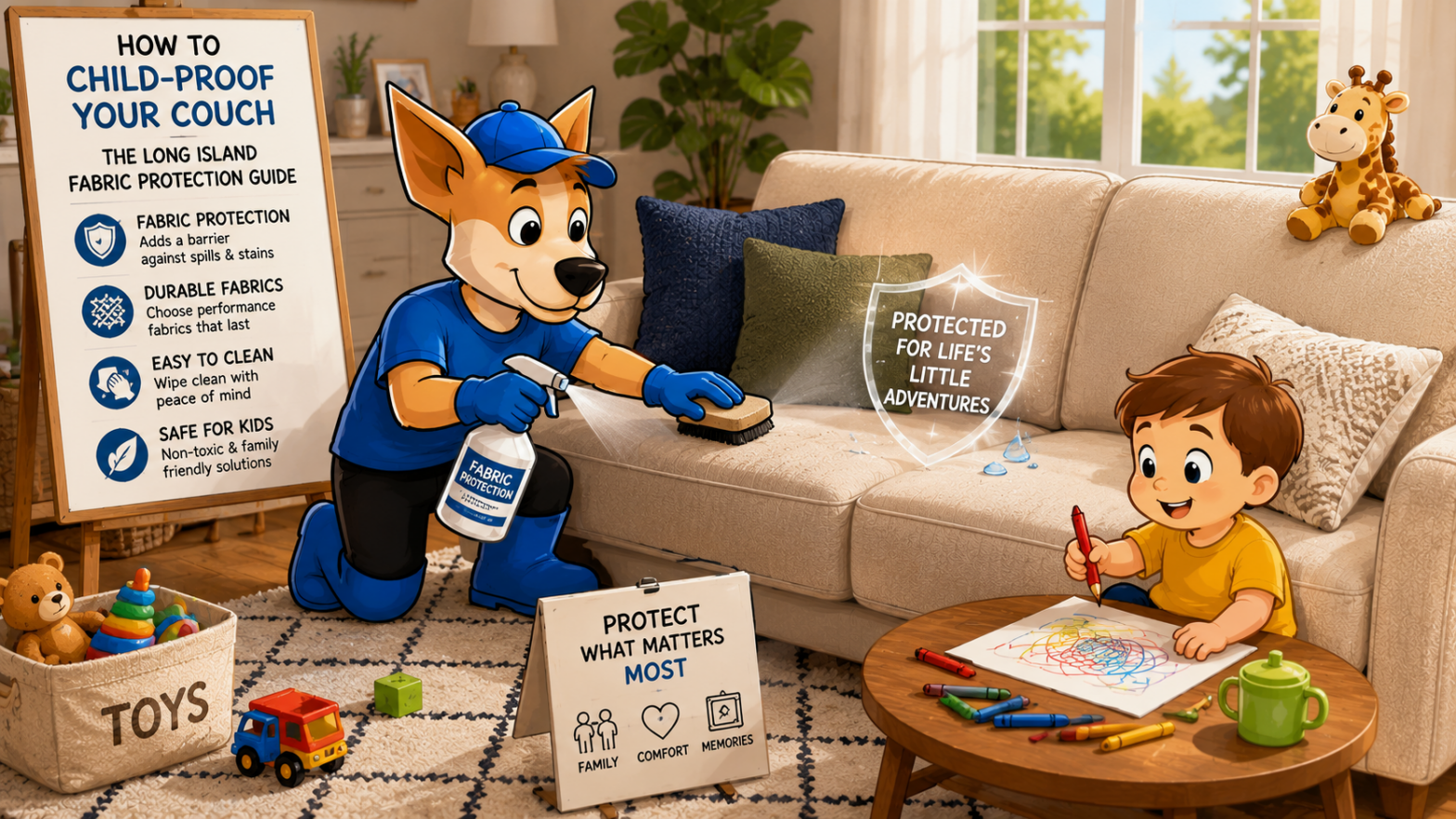 Cartoon fabric protection specialist applying stain protection to a family couch while a child plays nearby, illustrating how fabric protection helps child-proof sofas in Long Island homes.