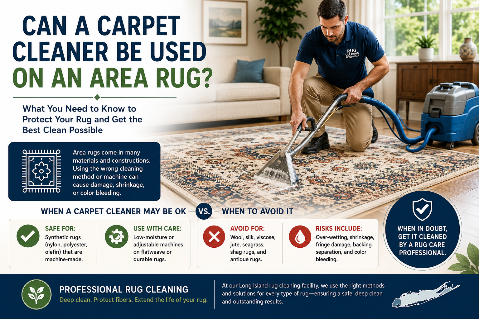 Professional cleaning an area rug with a carpet cleaning machine in a Long Island home, demonstrating the proper way to clean delicate rugs without causing damage.
