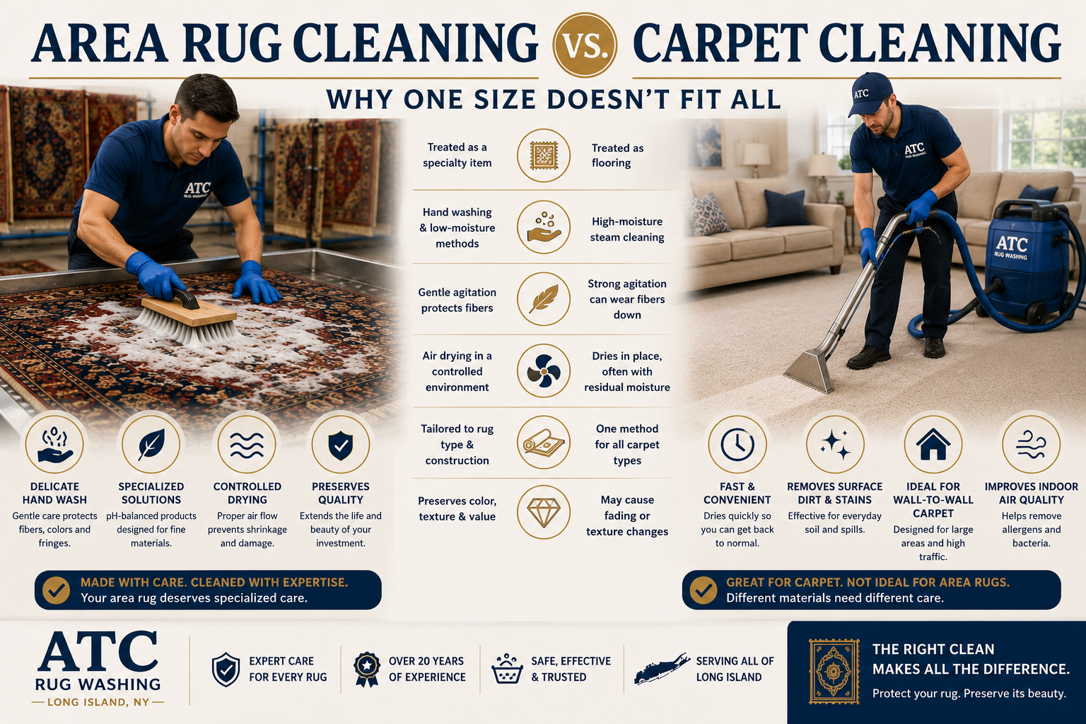 Side-by-side comparison of professional area rug cleaning and carpet cleaning, showing specialized rug washing techniques versus standard in-home carpet cleaning on Long Island.