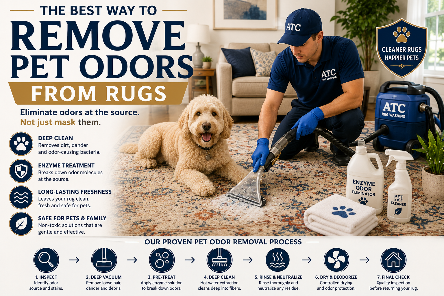 Professional rug cleaning technician removing pet urine odors from an area rug using deep extraction and enzyme treatment in a Long Island home.