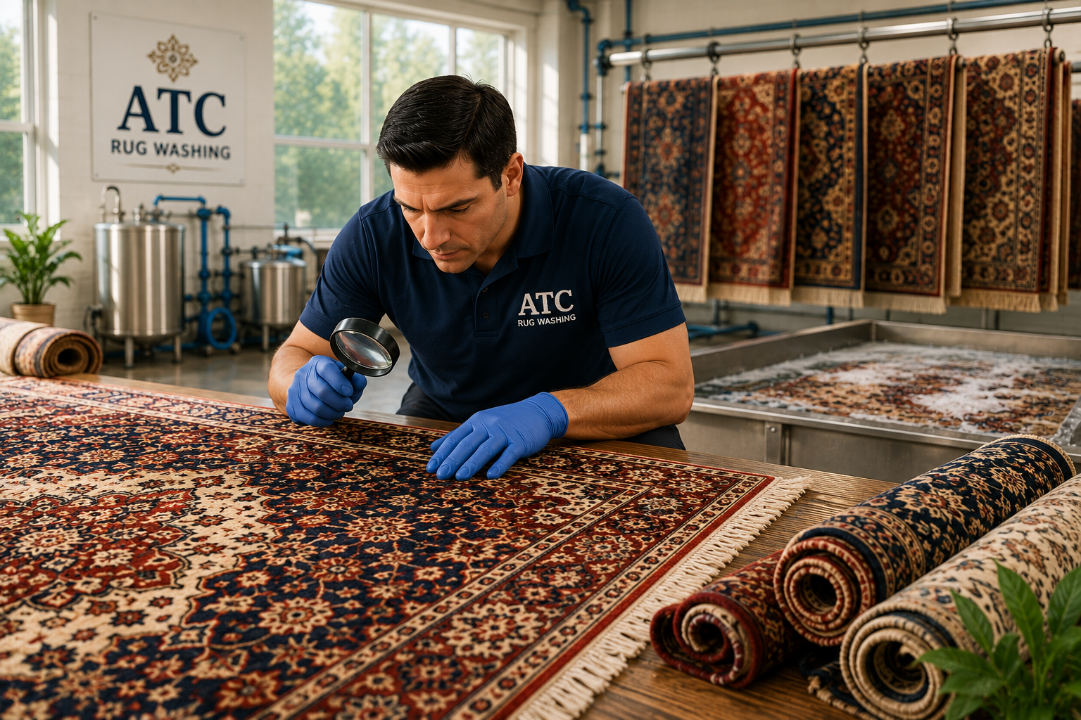 Professional rug cleaning specialist inspecting an Oriental rug in a dedicated Long Island rug washing facility before cleaning, demonstrating expert rug evaluation and care.