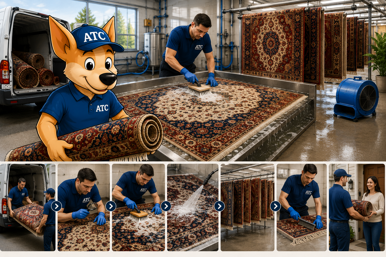 ATC Rug Washing technician picking up and professionally cleaning an Oriental rug before delivering it back to a Long Island homeowner, demonstrating the complete rug cleaning process.