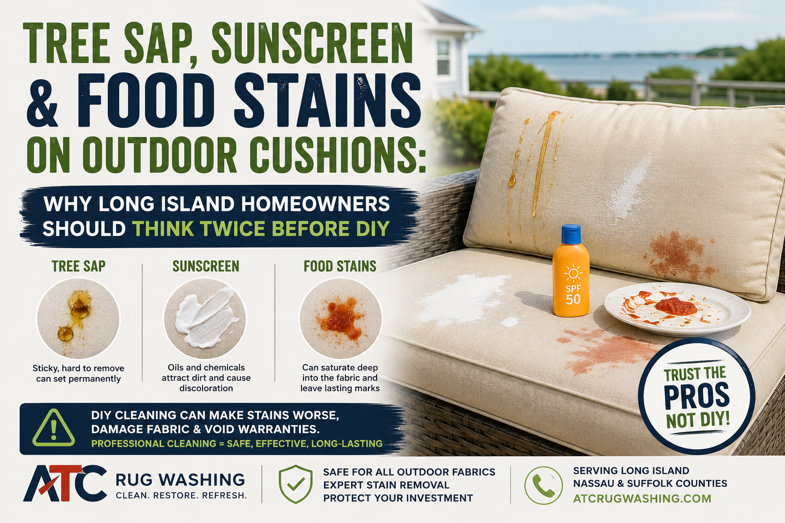 Outdoor patio cushions with tree sap, sunscreen, and food stains before professional outdoor cushion cleaning in Long Island, NY.