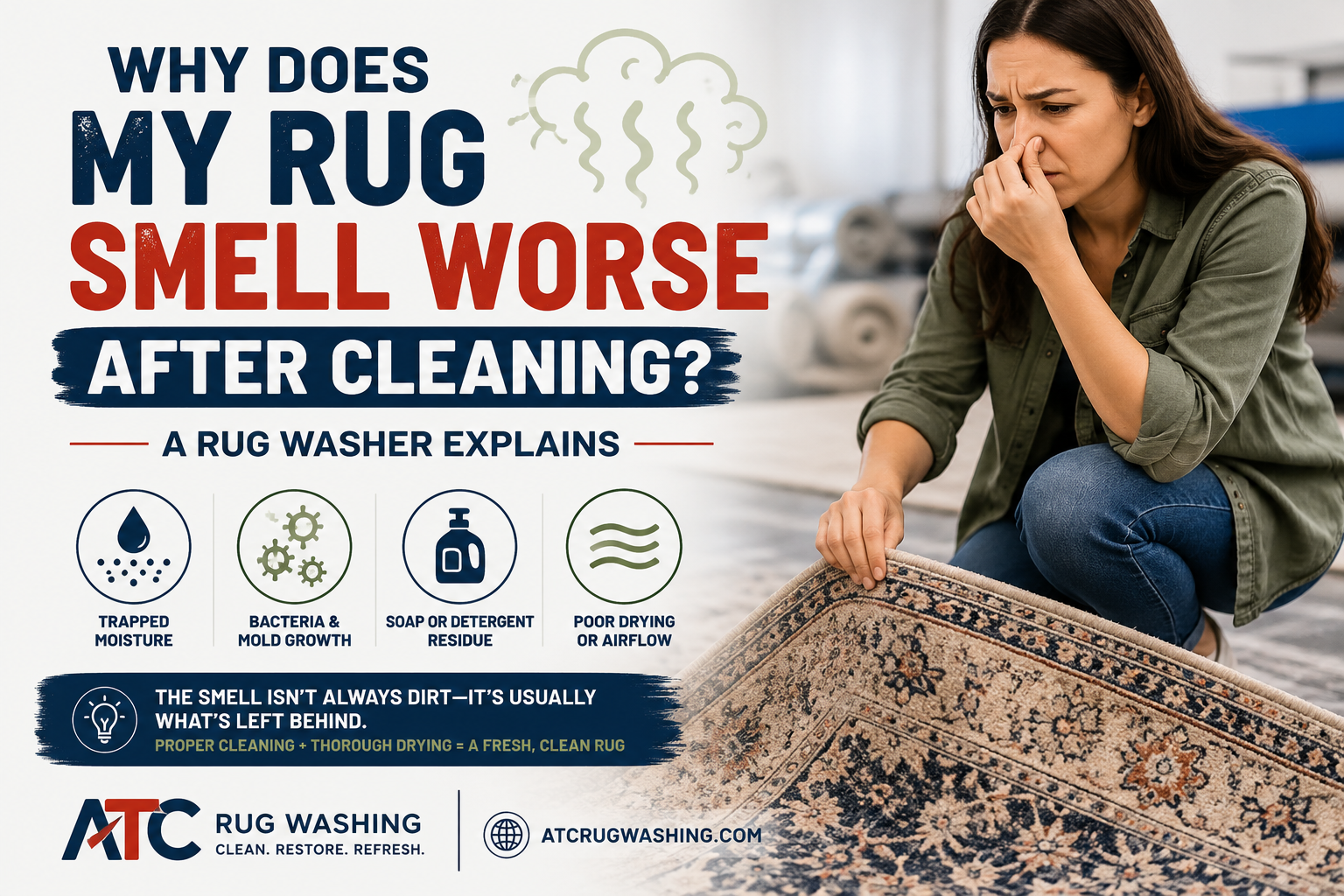 Professional rug washing expert explaining why an area rug can smell worse after cleaning due to trapped moisture, bacteria, detergent residue, or improper drying in Long Island, NY.